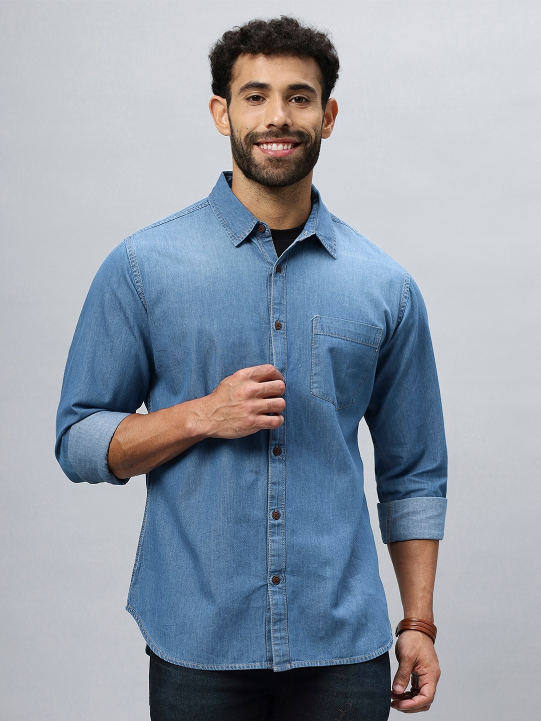 

R.Code by The Roadster Life Co. Modern Faded Cotton Denim Casual Shirt, Blue