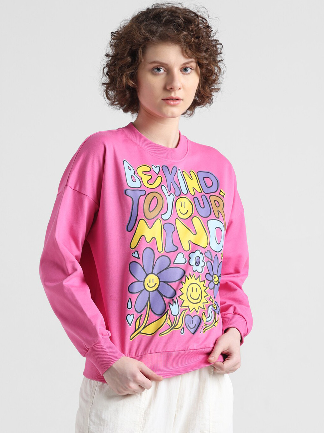 

ONLY Onlkind LS Typography Printed Pullover Pure Cotton Sweatshirt, Pink