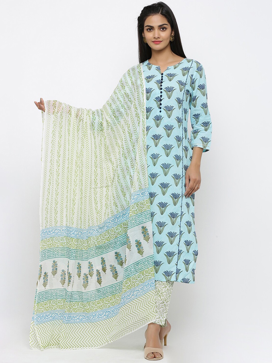 

Maaesa Ethnic Motifs Printed Pure Cotton Kurta with Trousers & Dupatta, Blue