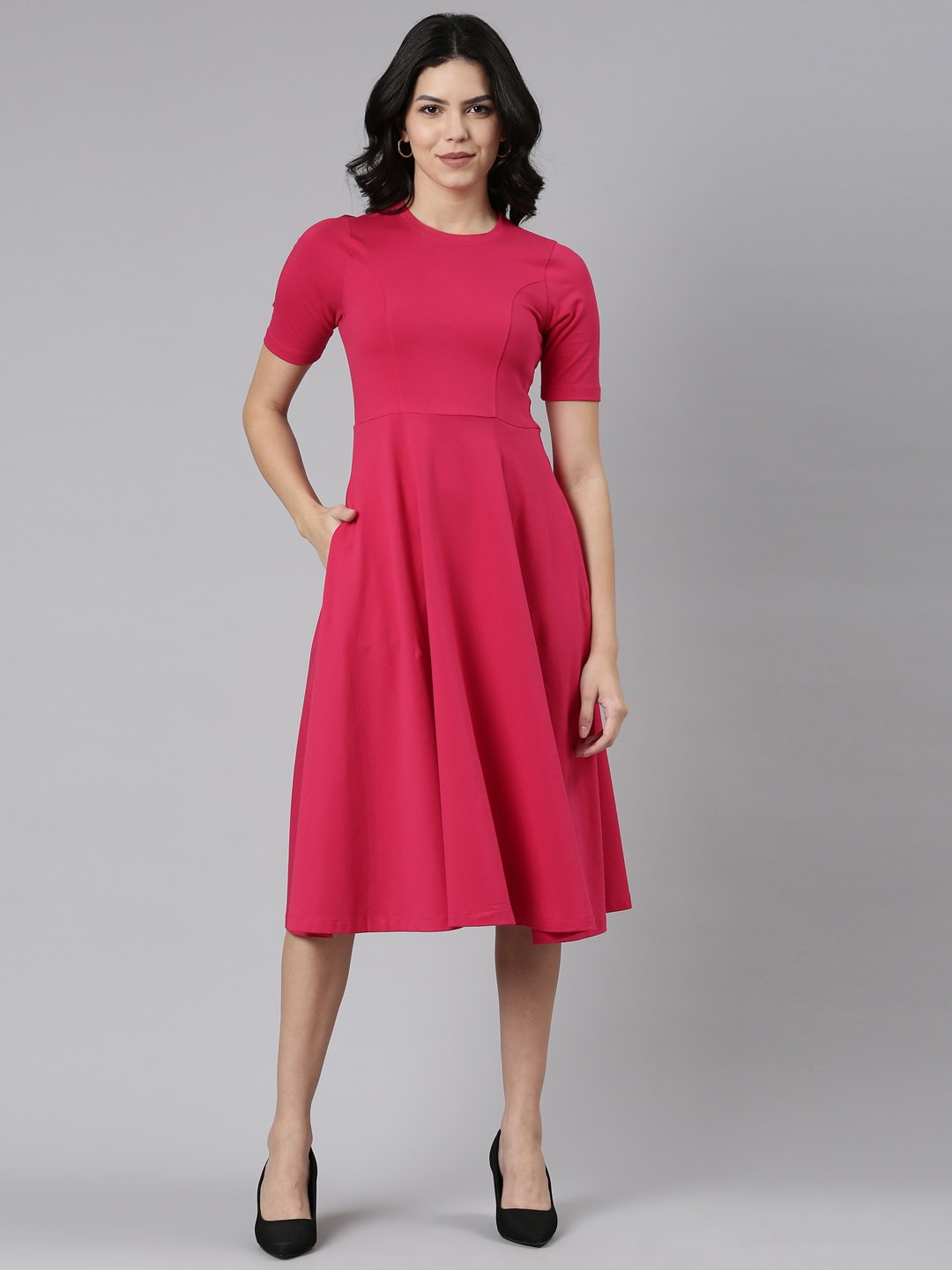 

TWIN BIRDS Fit & Flare Midi Dress, Pink