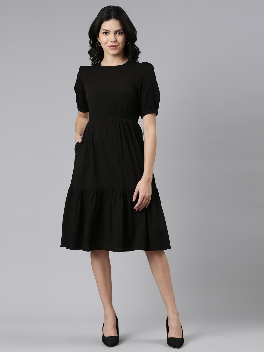 

TWIN BIRDS Puff Sleeve Crepe Fit & Flare Knee length Dress, Black