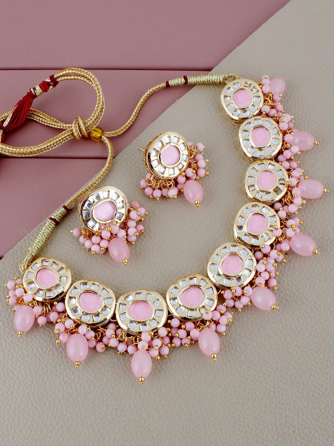 

LUCKY JEWELLERY Gold-Plated Kundan & Pearls Beaded Necklace and Earrings