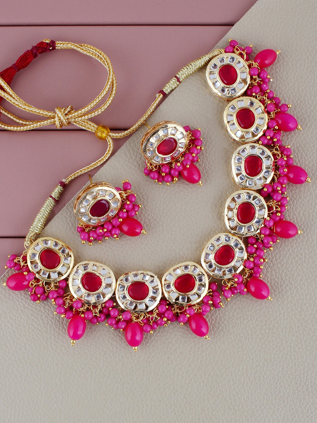 

LUCKY JEWELLERY Gold-Plated Kundan-Studded & Beaded Necklace and Earrings