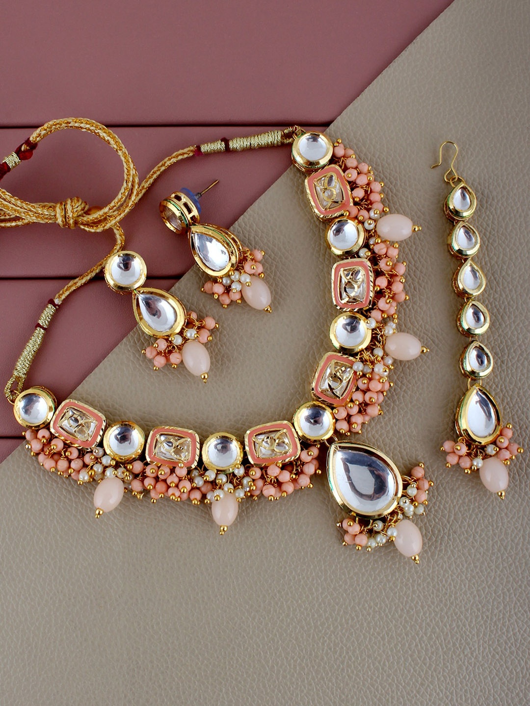 

LUCKY JEWELLERY 18K Gold-Plated Kundan-Studded Necklace and Earrings With Maangtika