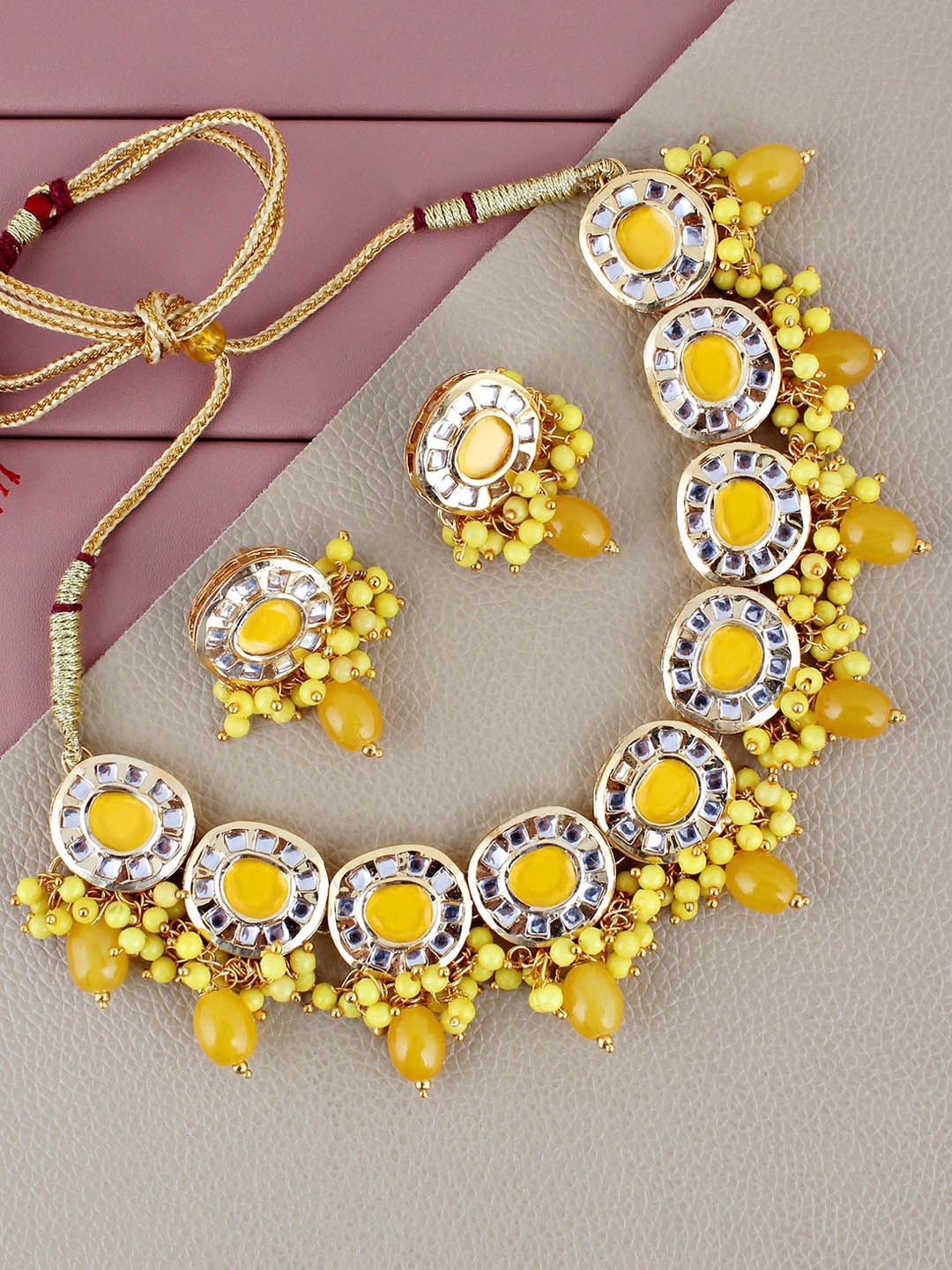 

LUCKY JEWELLERY Gold-Plated Kundan-Studded & Beaded Necklace and Earrings