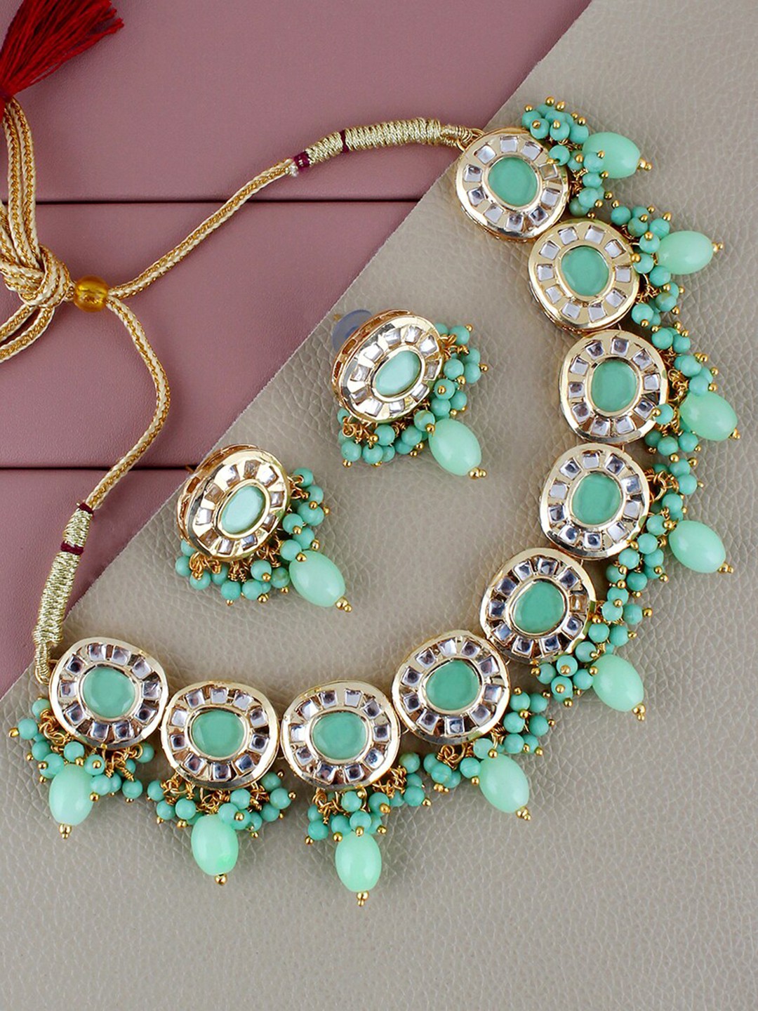 

LUCKY JEWELLERY Gold-Plated Kundan-Studded & Beaded Necklace and Earrings
