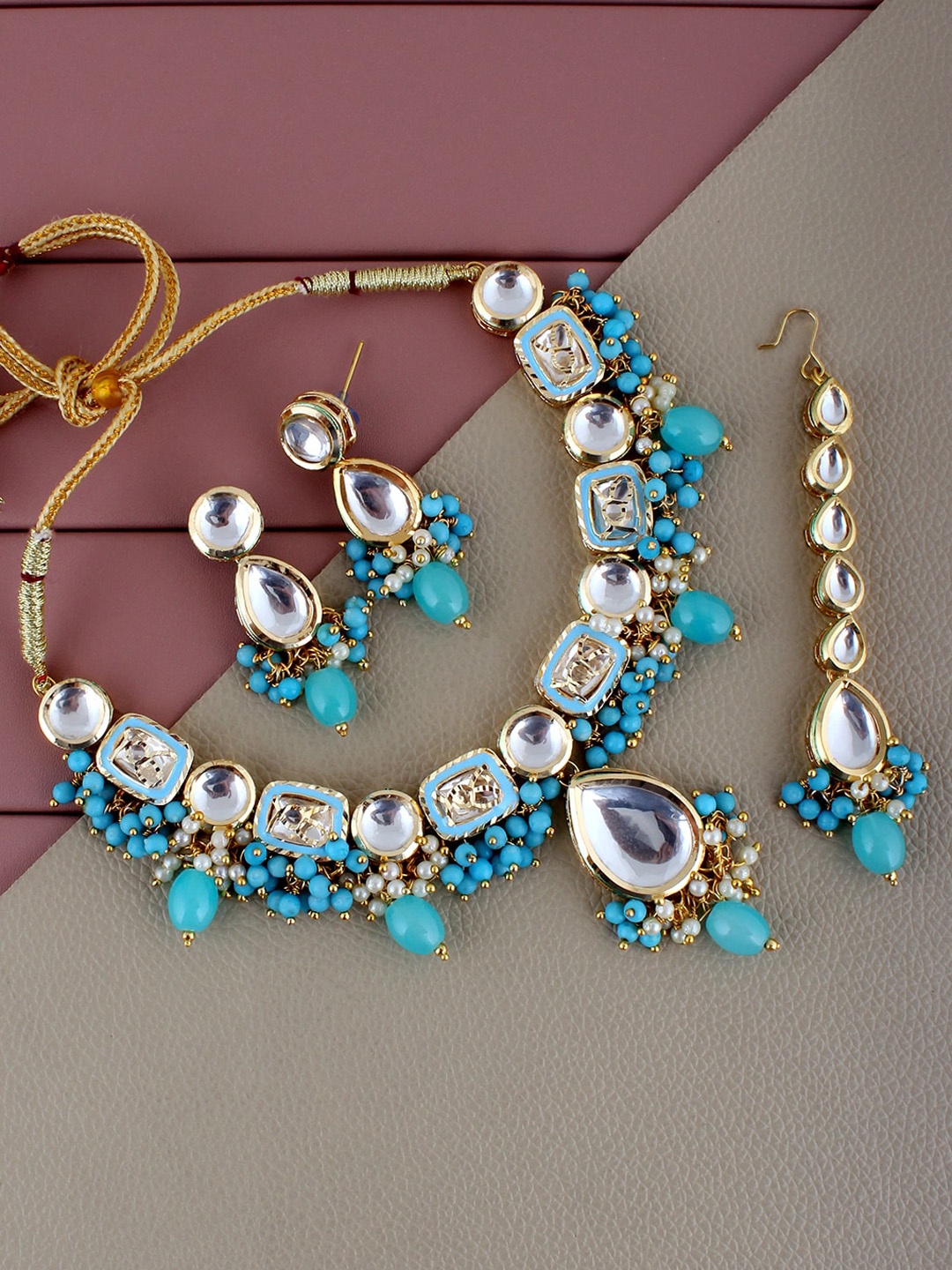 

LUCKY JEWELLERY 18k Gold Plated Kundan Studded Necklace and Earrings With Maangtika, Teal