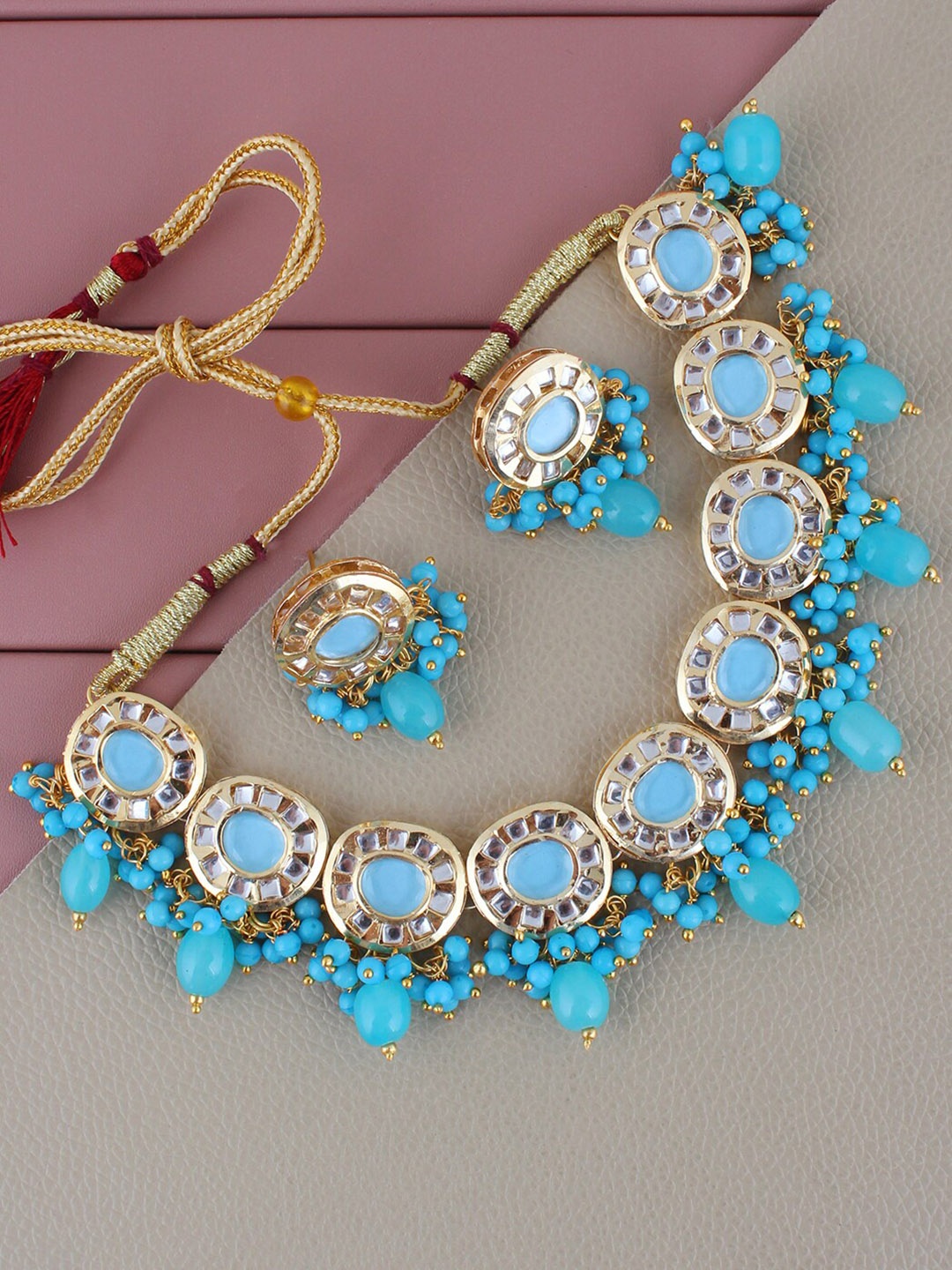 

LUCKY JEWELLERY Gold-Plated Kundan-Studded & Beaded Necklace and Earrings, Blue