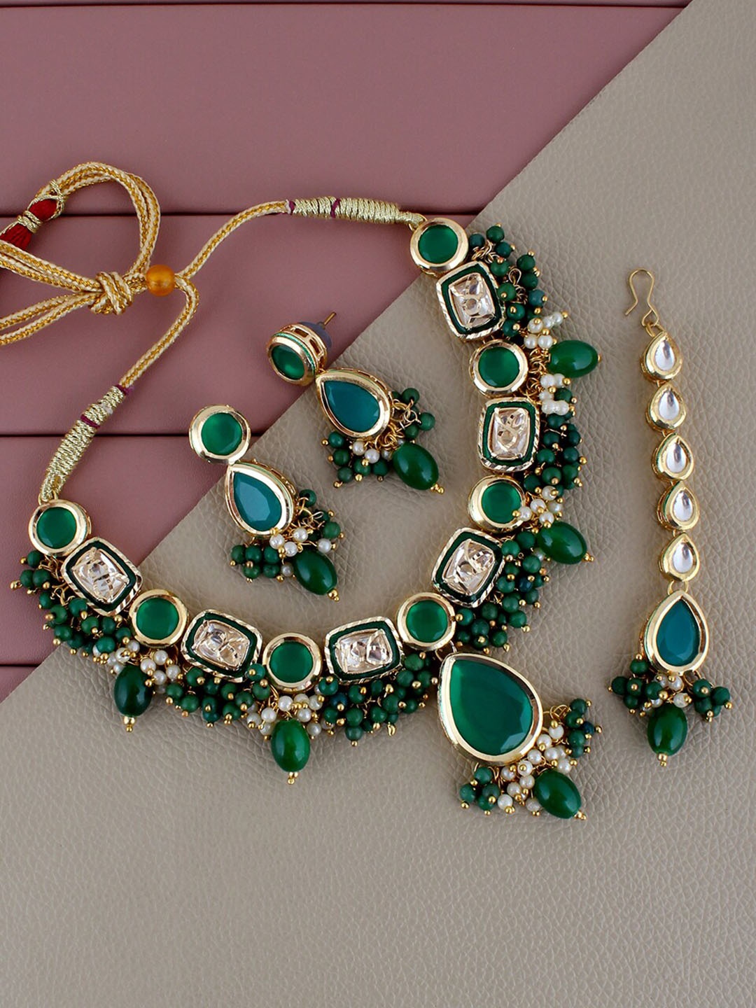 

LUCKY JEWELLERY Gold-Plated Kundan-Studded & Beaded Necklace and Earrings With Maangtika, Green