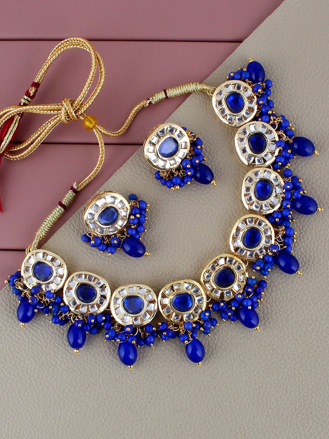 

LUCKY JEWELLERY Gold Plated Kundan Studded Necklace and Earrings, Blue