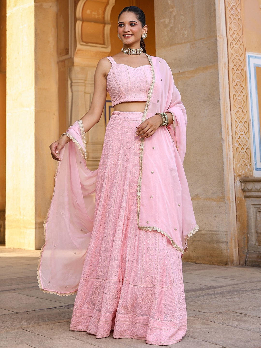 

EverBloom Ethnic Motifs Embroidered Ready to Wear Lehenga & Blouse With Dupatta, Pink