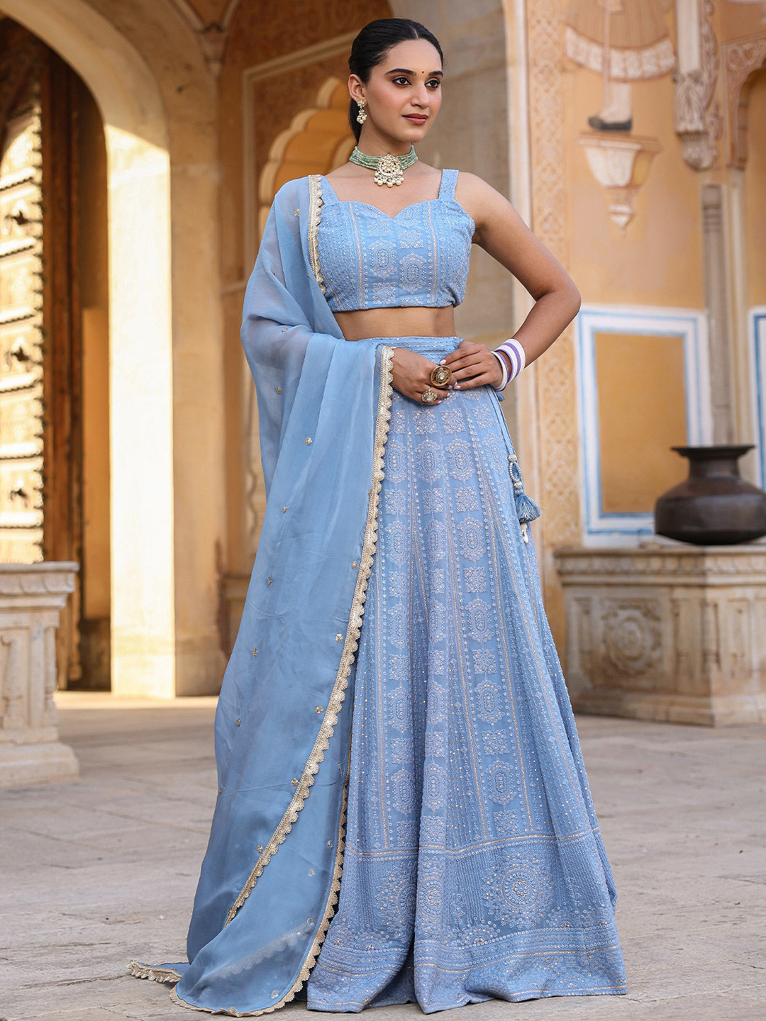 

EverBloom Ethnic Motifs Embroidered Ready to Wear Lehenga & Blouse With Dupatta, Blue