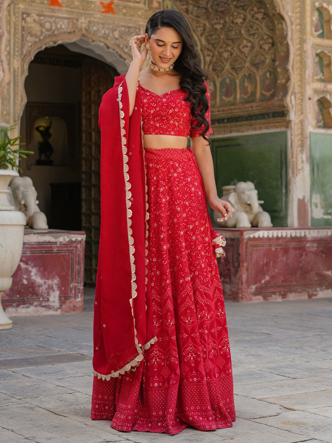 

EverBloom Ethnic Motifs Embroiderd Ready to Wear Lehenga & Blouse With Dupatta, Red
