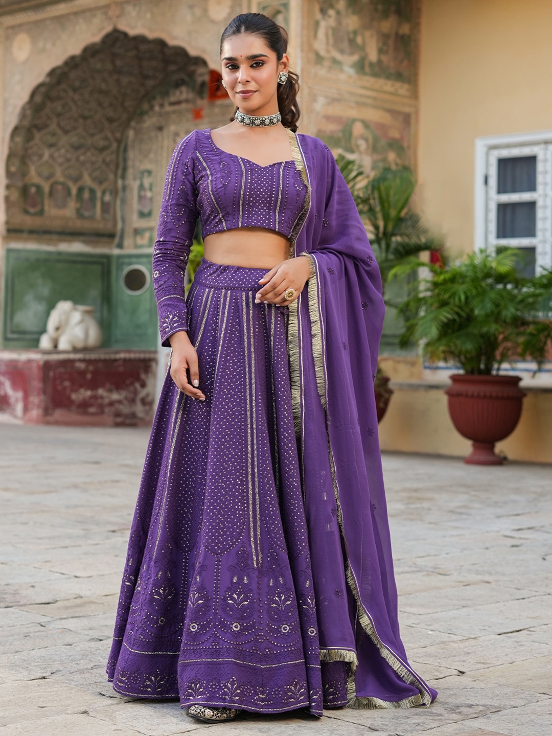 

EverBloom Embroidered Ready to Wear Lehenga & Blouse With Dupatta, Purple