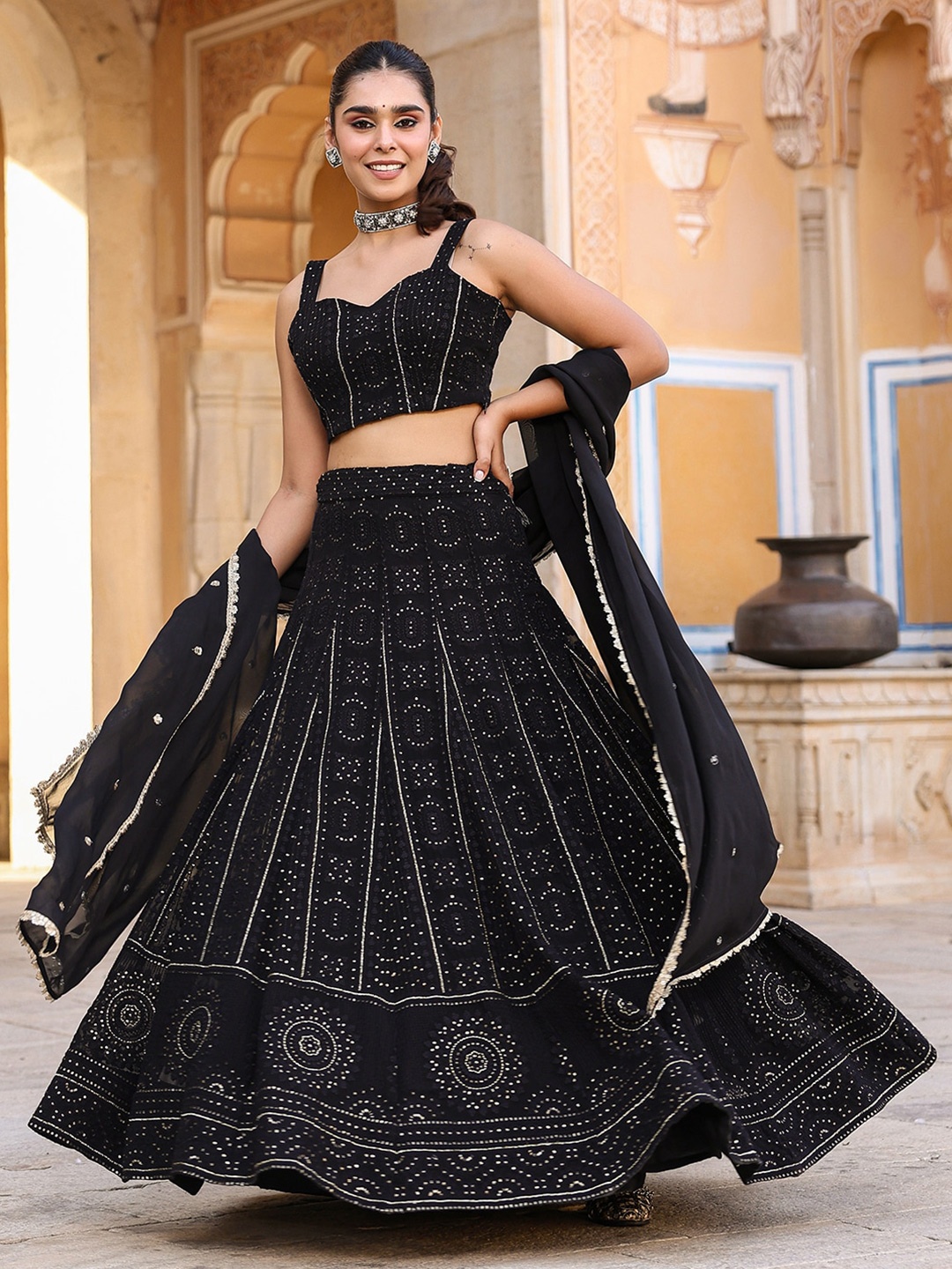 

EverBloom Embroidered Thread Work Ready To Wear Lehenga & Blouse With Dupatta, Black