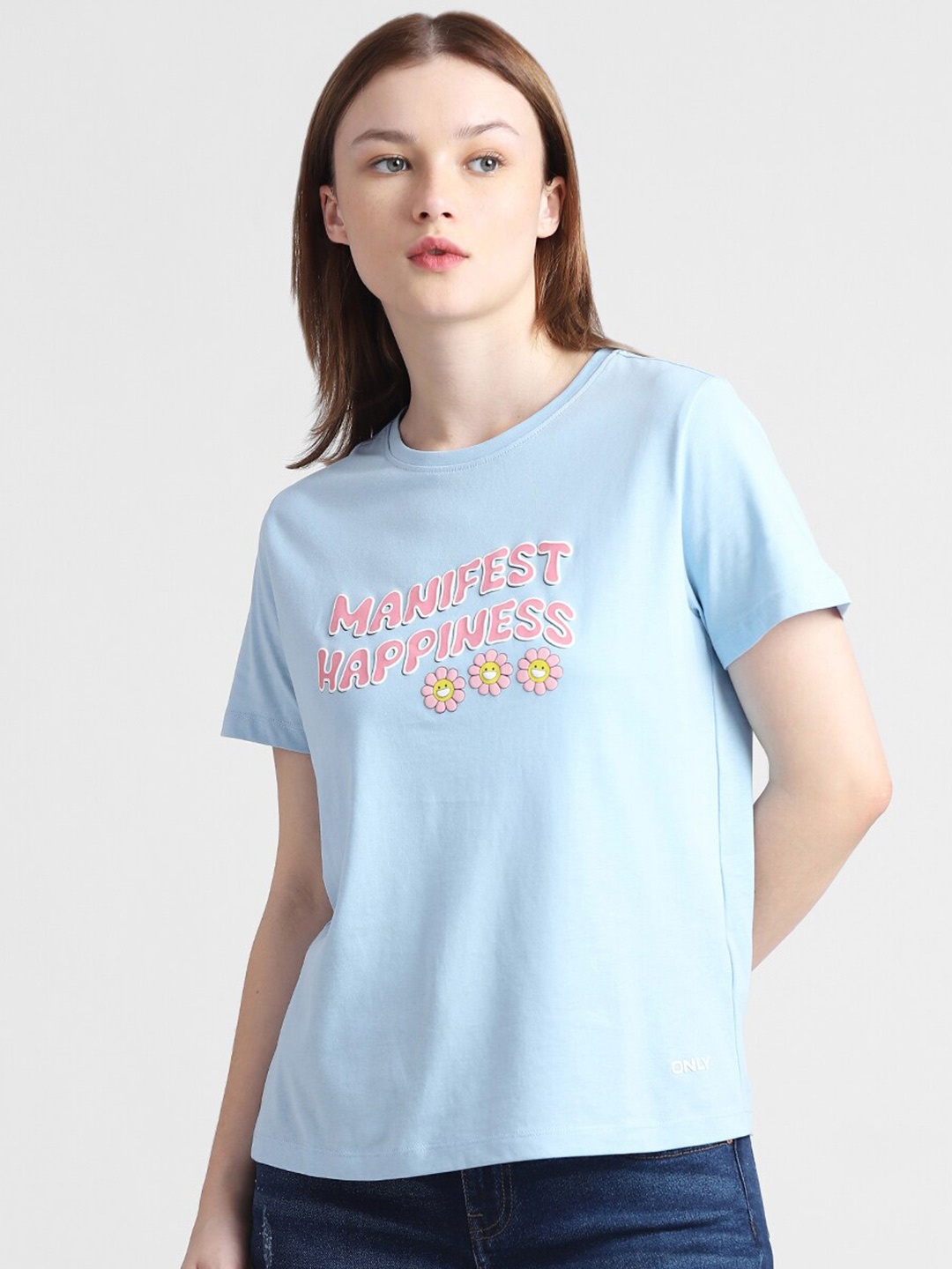 

ONLY Typography Printed Round Neck Pure Cotton T-shirt, Blue