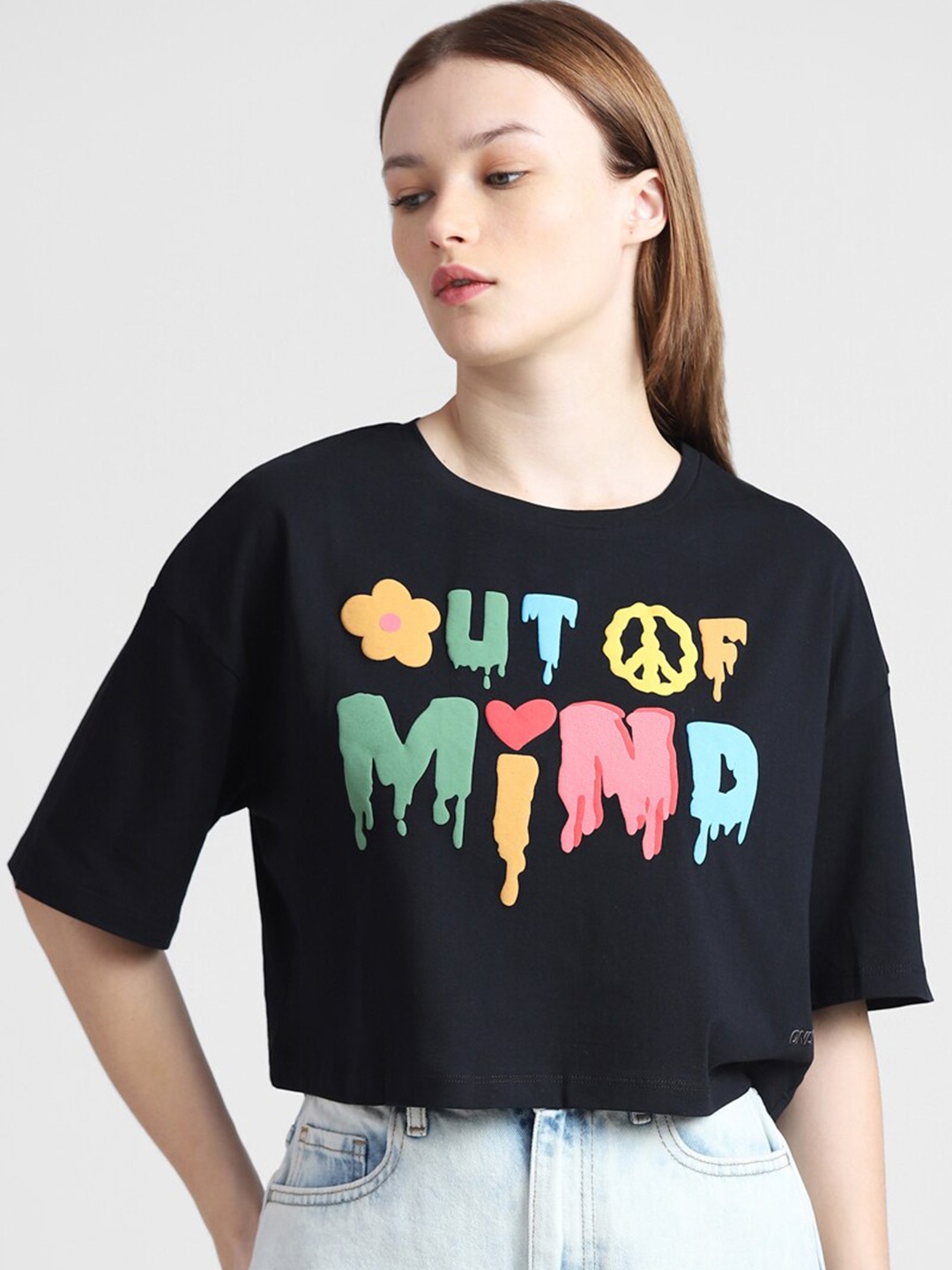 

ONLY Typography Printed Boxy Pure Cotton T-shirt, Black