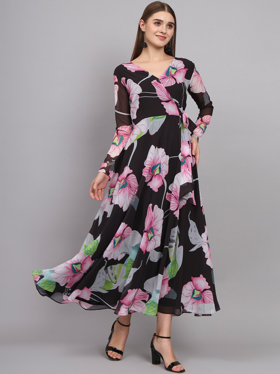 

KALINI Floral Printed Wrap Maxi Dress, Black