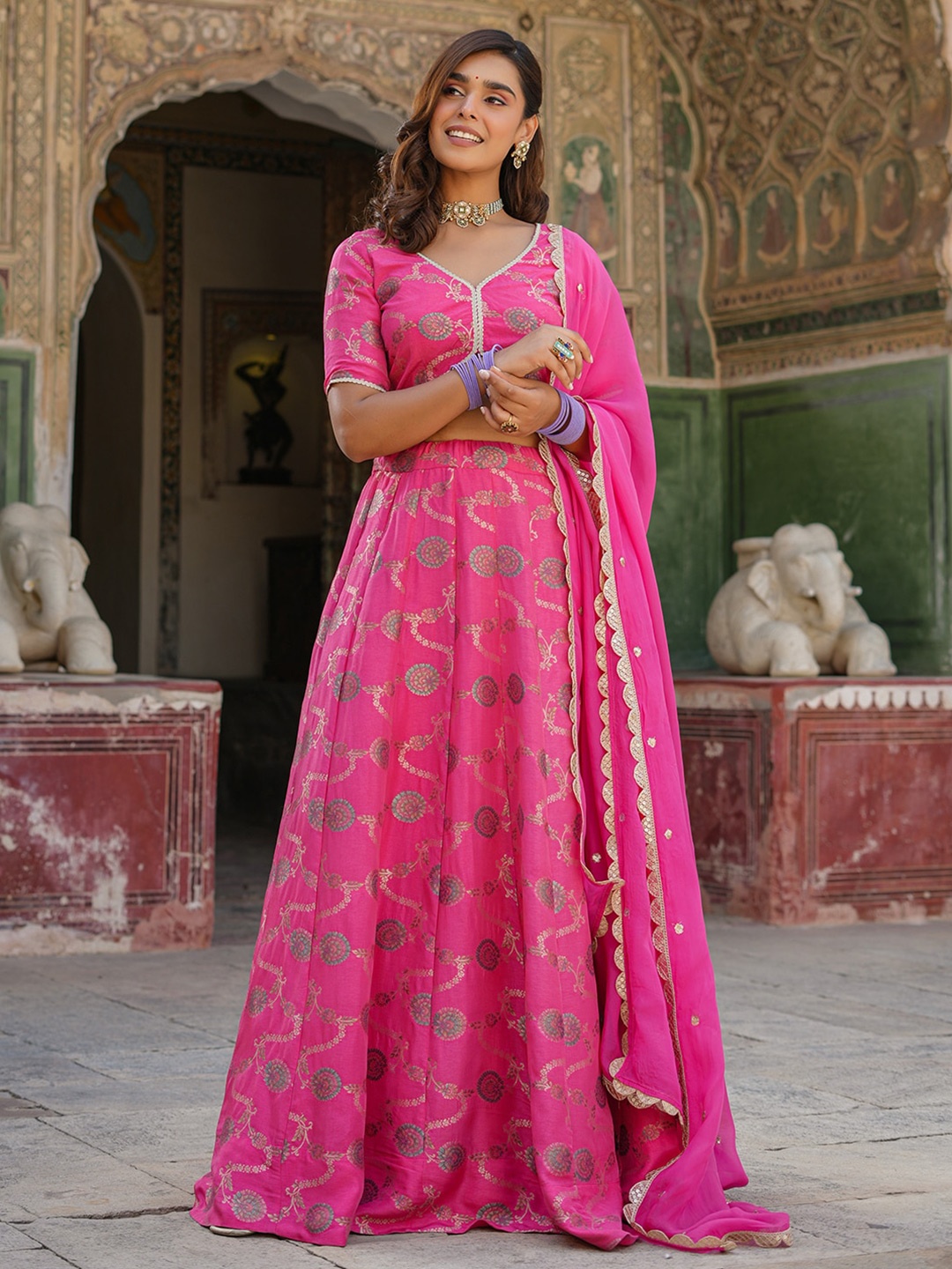 

EverBloom Ethnic Motifs Printed Ready to Wear Lehenga & Blouse With Dupatta, Pink