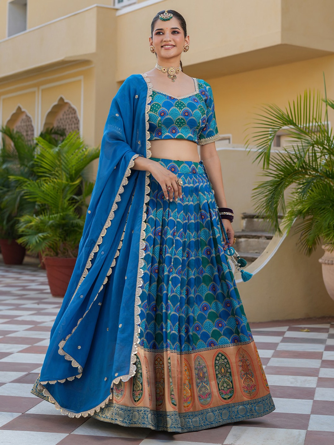 

EverBloom Ethnic Motifs Woven Design Ready to Wear Lehenga & Blouse With Dupatta, Blue