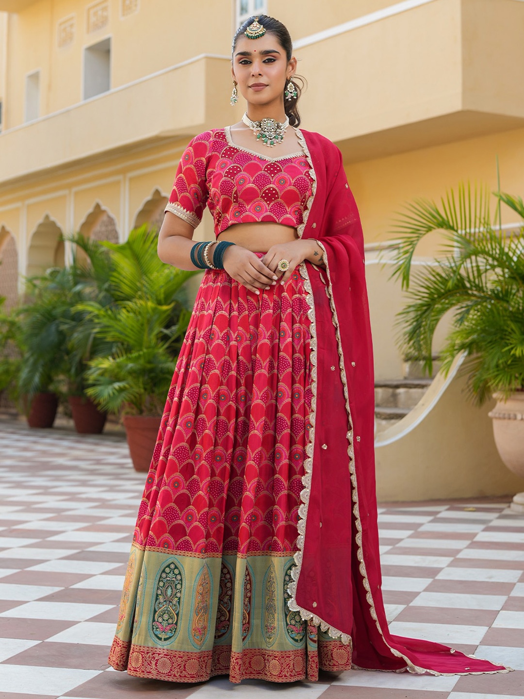 

EverBloom Ethnic Motifs Printed Ready To Wear Lehenga & Blouse With Dupatta, Red