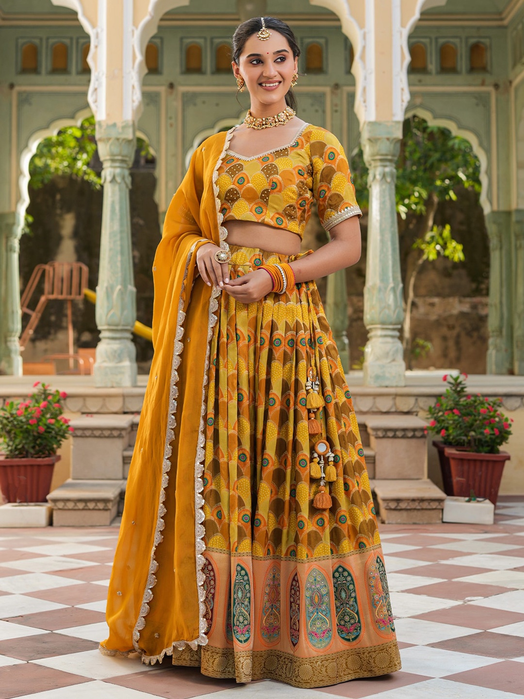 

EverBloom Ethnic Motifs Printed Ready to Wear Lehenga & Blouse With Dupatta, Yellow