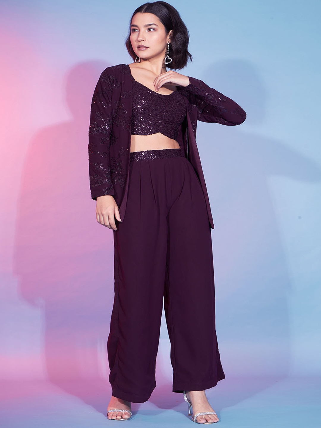 

Mitera Embellished Sleeveless Top And Palazzos With Shrug, Burgundy