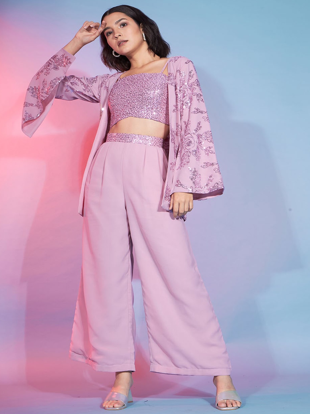 

Mitera Embellished Shoulder Strap Crop Top & Trouser With Shrug, Pink