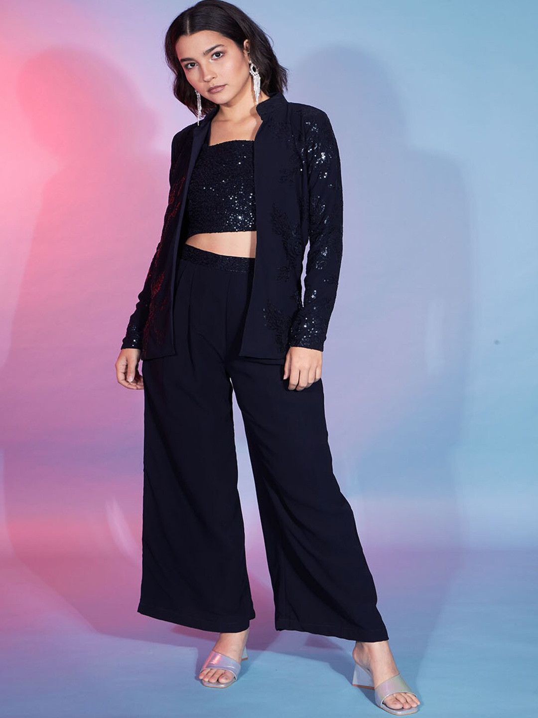 

Mitera Embellished Sleeveless Crop Top & Palazzos With Shrug, Navy blue
