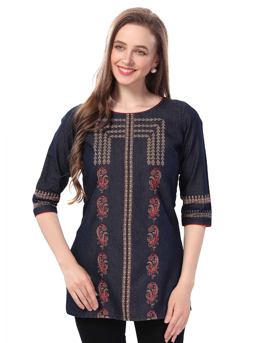 

keshubaba Ethnic Motifs Embroidered Denim Kurti, Navy blue