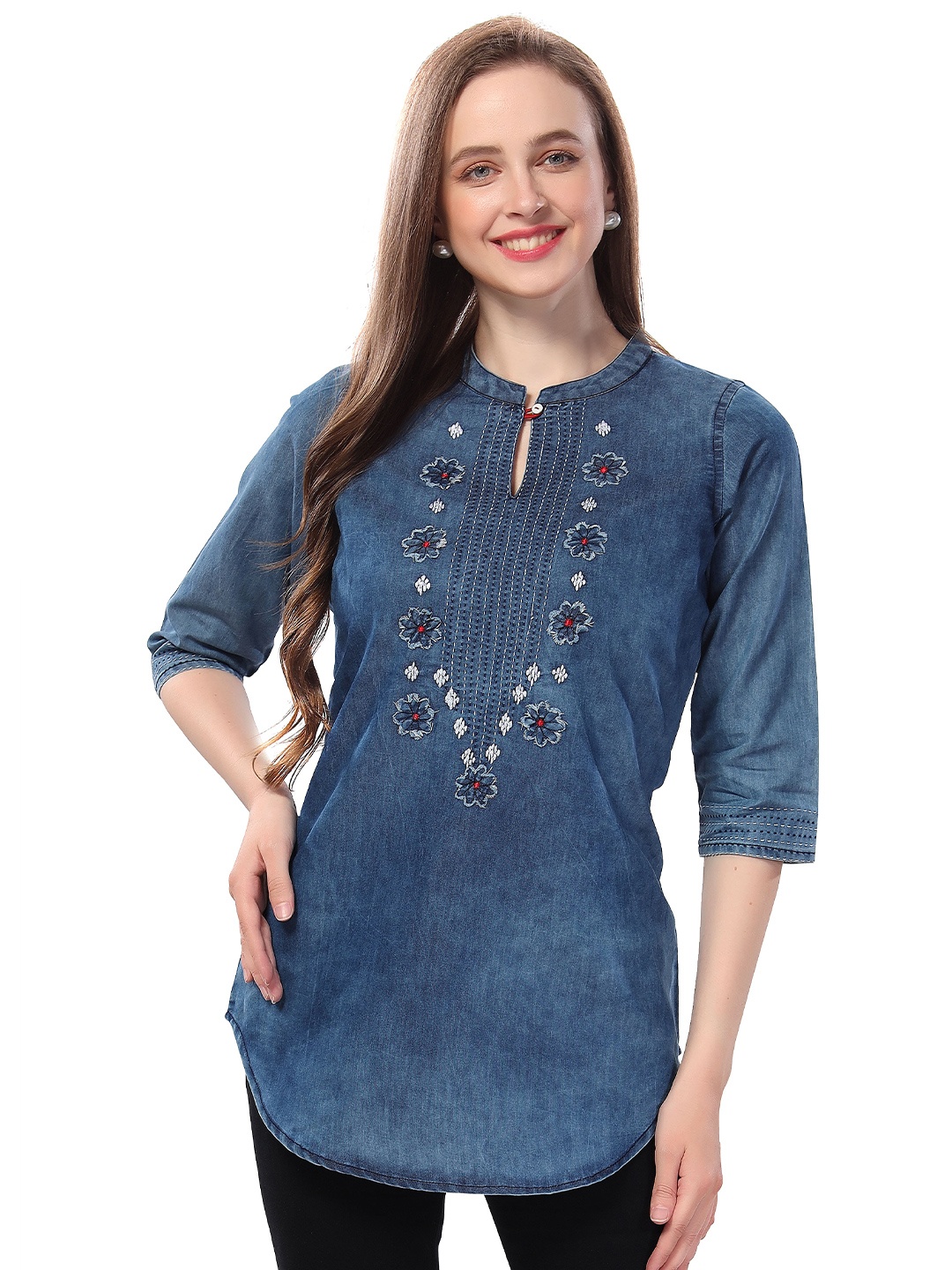 keshubaba Ethnic Motifs Embroidered Key Hole Neck Denim Kurti, Navy blue
