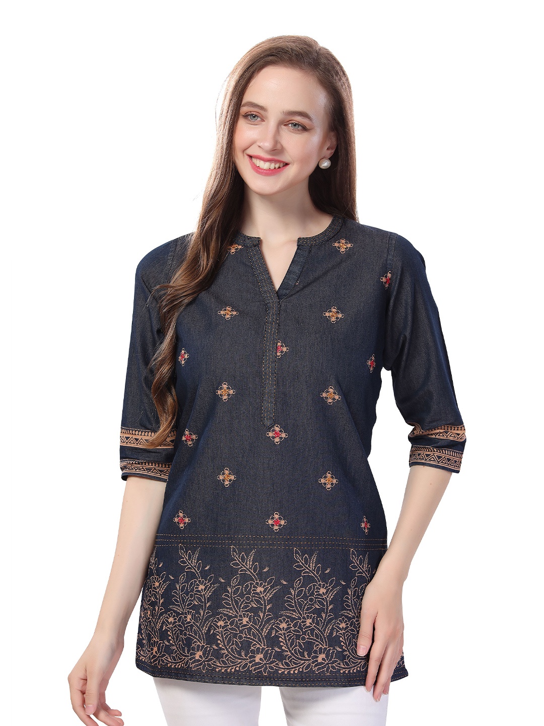 

keshubaba Floral Embroidered Denim Kurti, Blue
