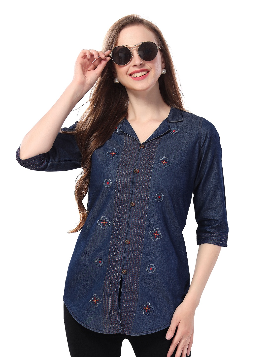 

keshubaba Floral Embroidered Lapel Collar Denim Shirt Style Top, Blue