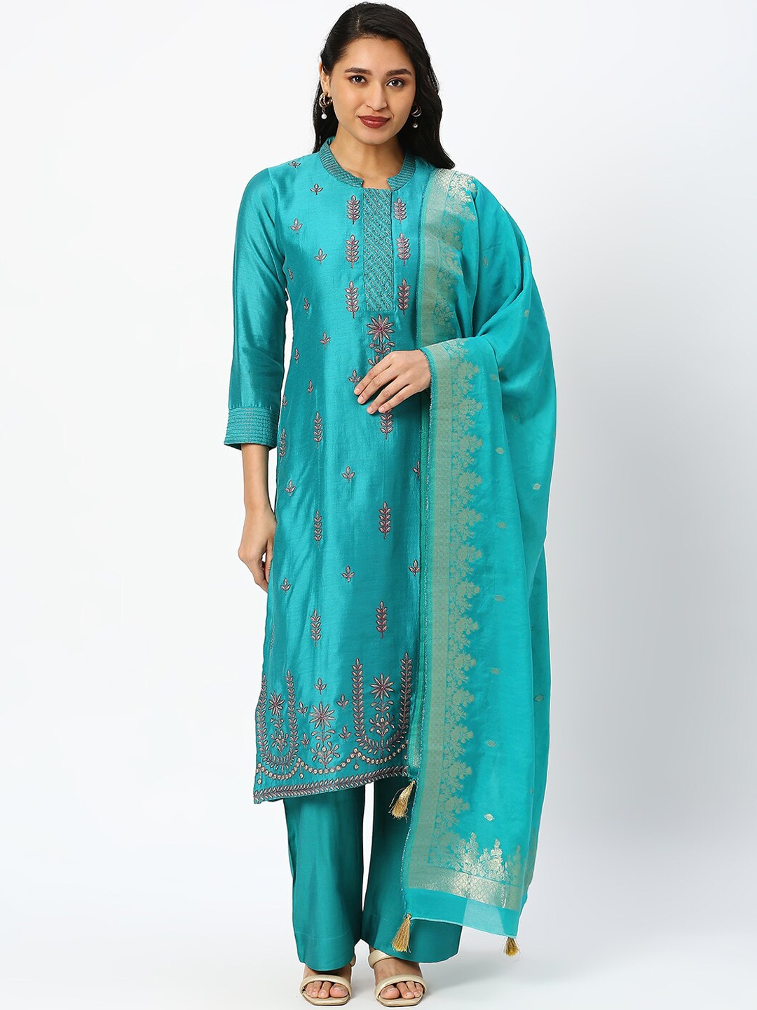

DRESSLINE Ethnic Motifs Embroidered Regular Thread Work Kurta With Palazzos & Dupatta, Teal
