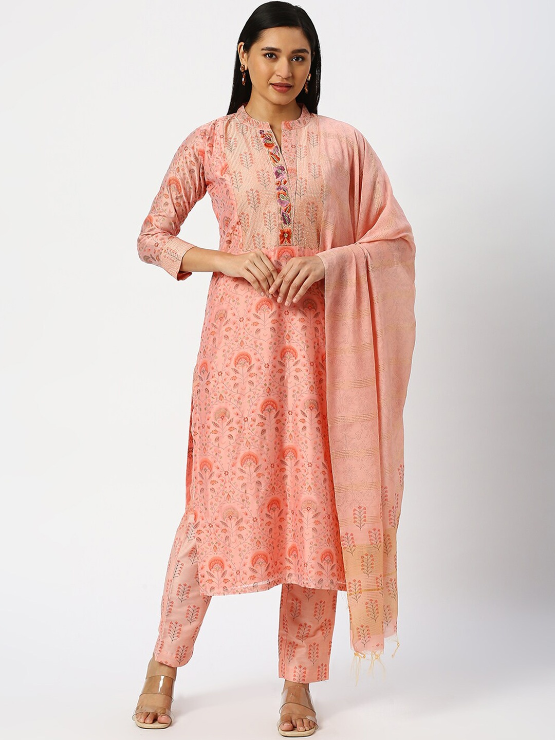 

DRESSLINE Floral Printed Regular Thread Work Chanderi Silk Kurta With Trousers & Dupatta, Peach