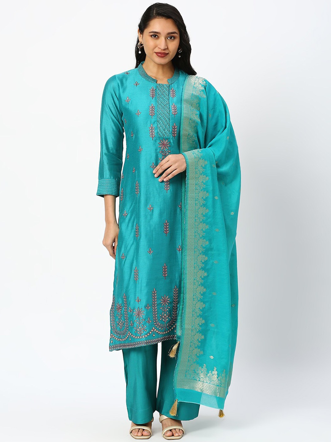 

DRESSLINE Floral Embroidered Thread Work Straight Kurta & Trousers With Dupatta, Teal