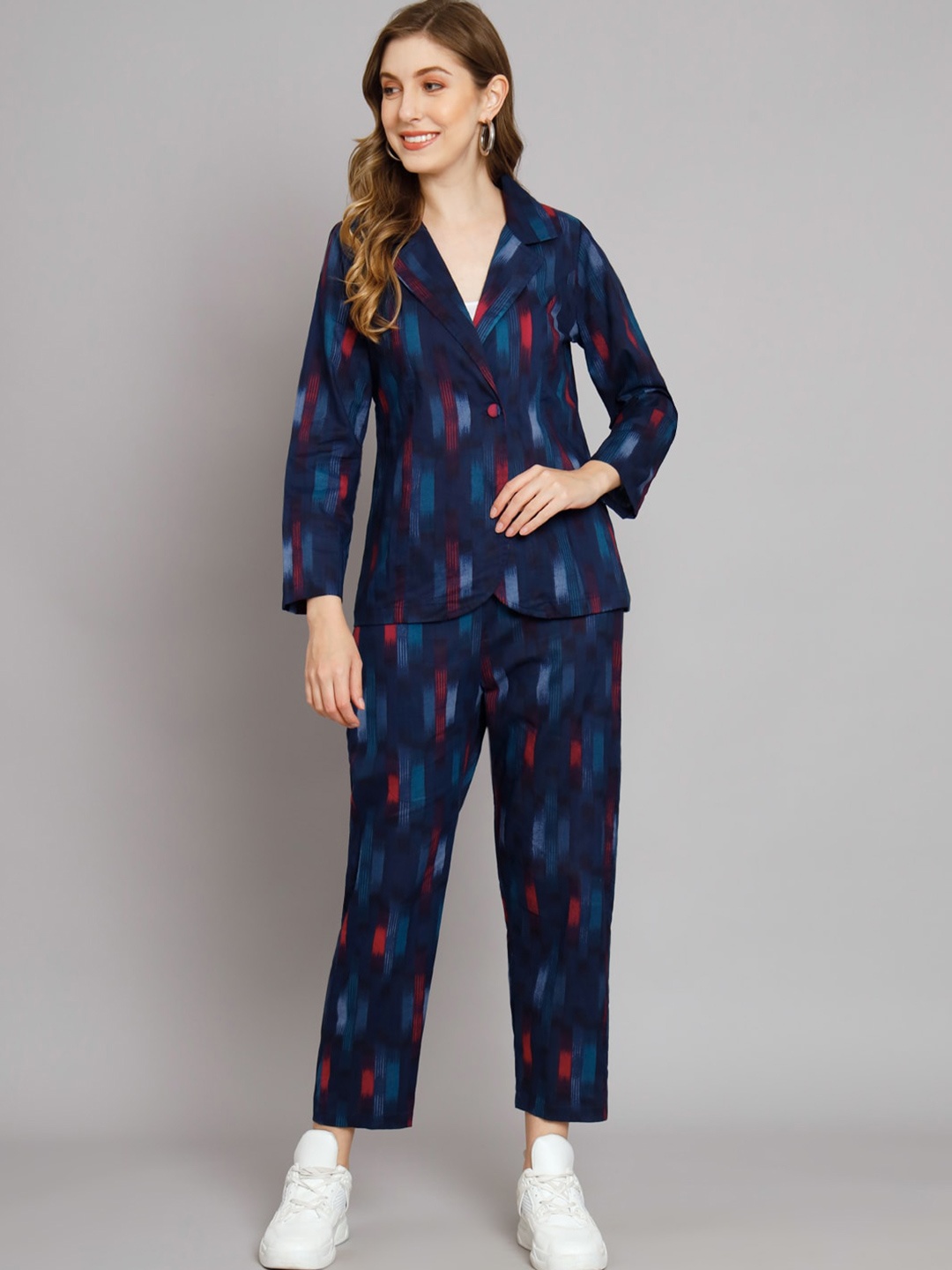 

DECKEDUP Ikat Printed Linen Blazer With Trouser Co-ords, Blue
