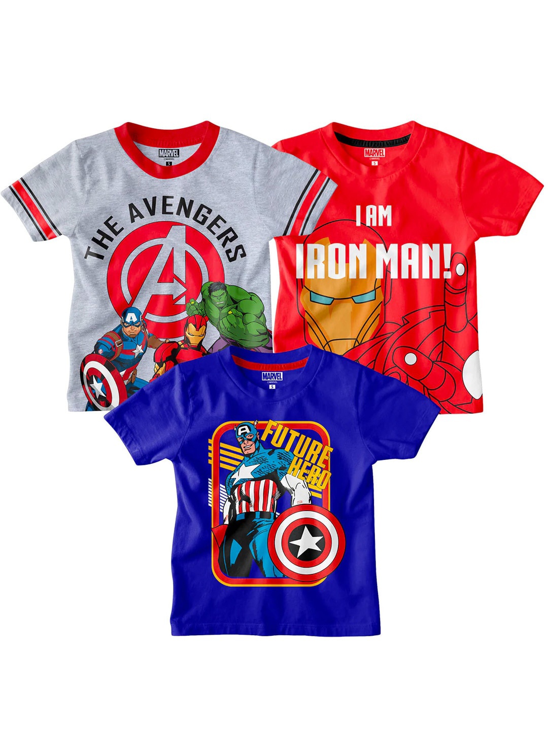 

BONKIDS Boys Pack Of 3 Avengers Printed Cotton T-shirts, Grey