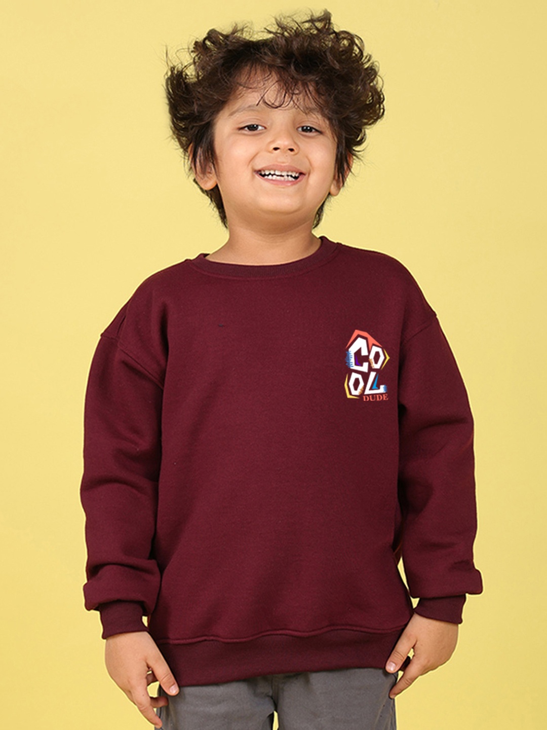 NUSYL Kids Typography Printed Round Neck Oversized Fleece Sweatshirt, Maroon
