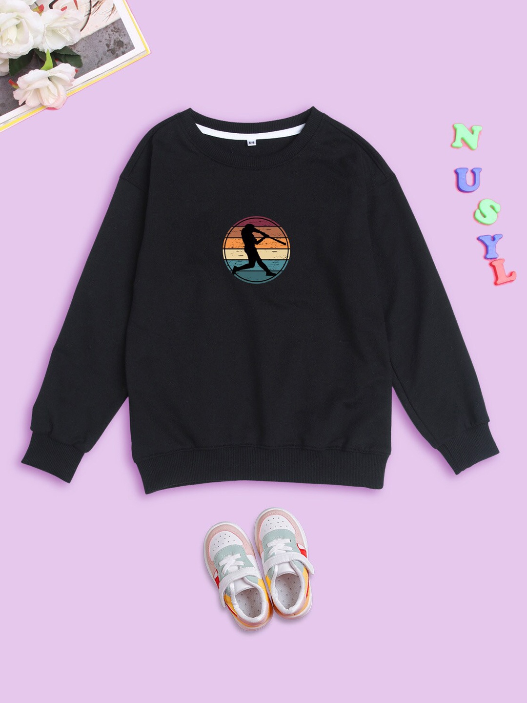 

NUSYL Kids Graphic Printed Round Neck Oversized Fleece Sweatshirt, Black