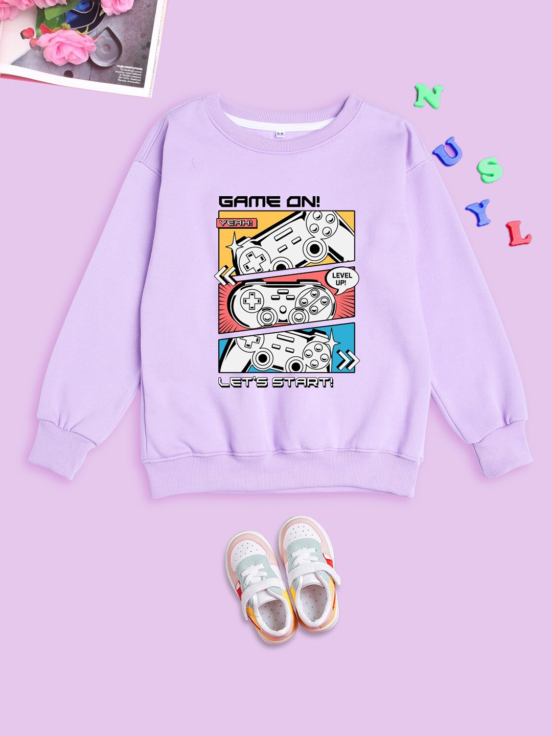 

NUSYL Kids Graphic Printed Oversized Fleece Sweatshirt, Purple