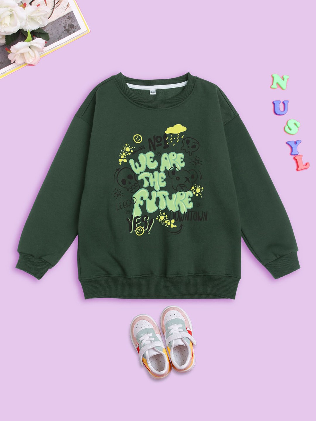 

NUSYL Kids Printed Oversized Sweatshirt, Green