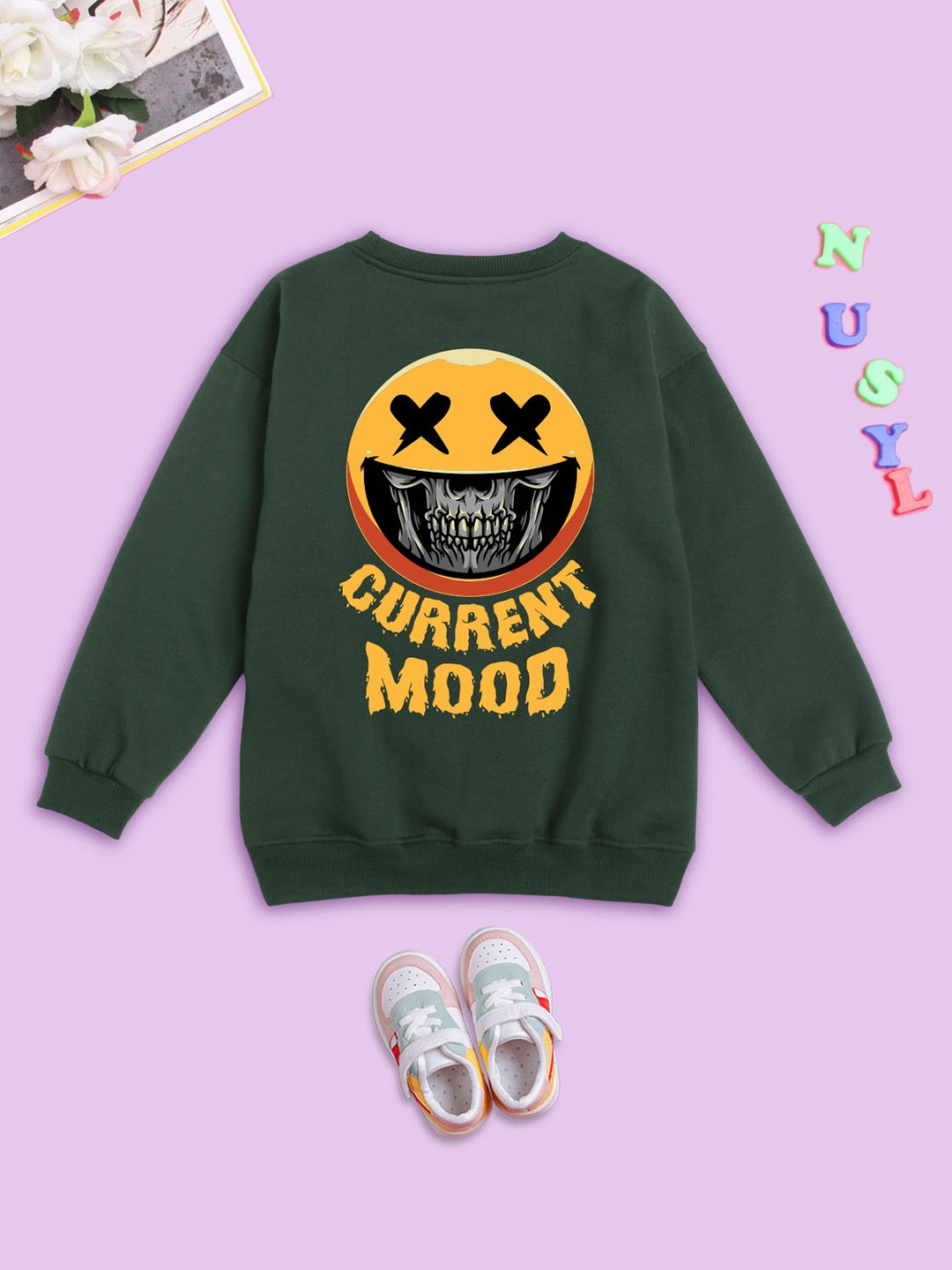

NUSYL Kids Graphic Printed Fleece Pullover Oversized Sweatshirt, Green
