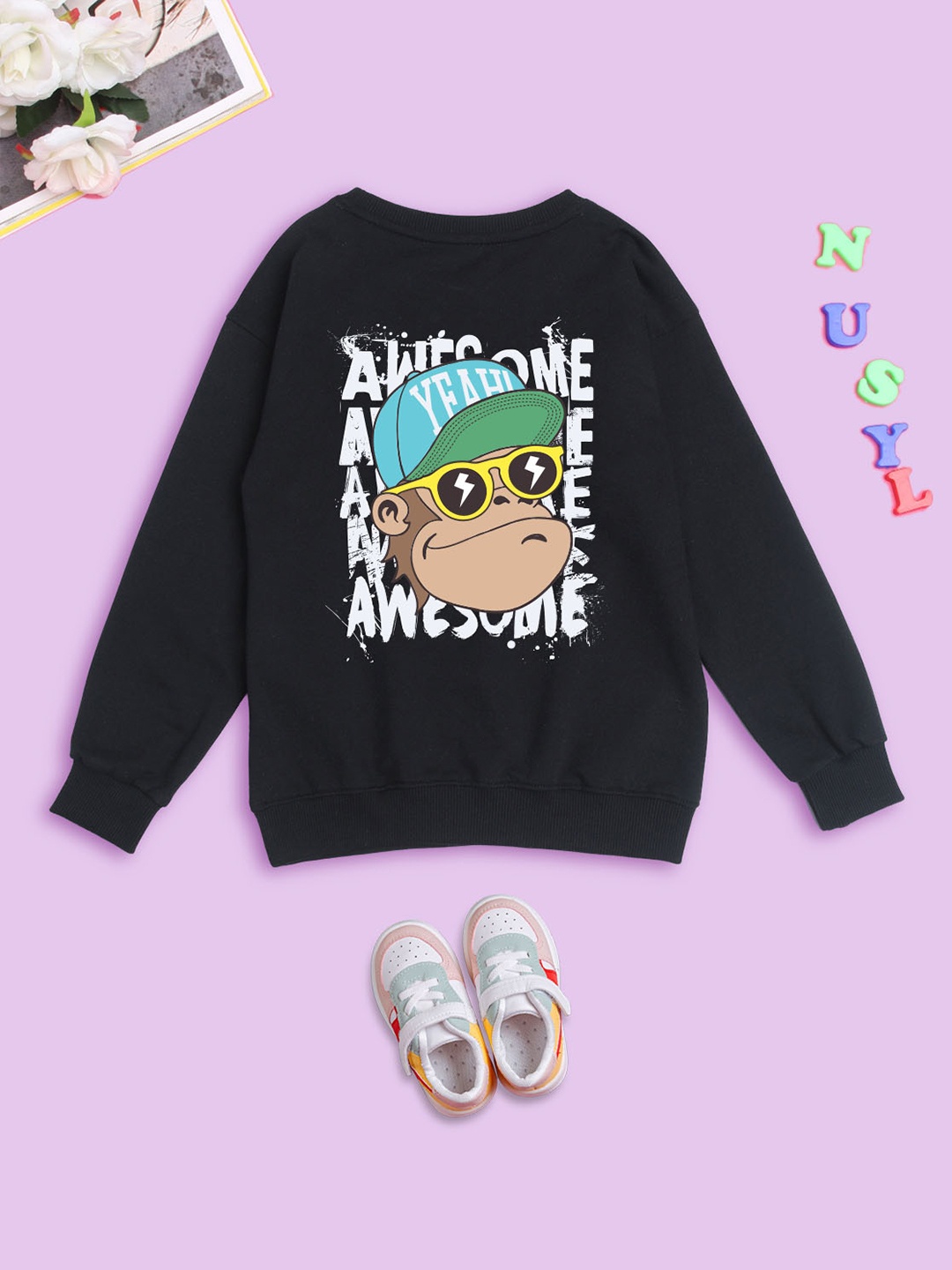 

NUSYL Kids Monkey Printed Round Neck Oversized Fleece Sweatshirt, Black