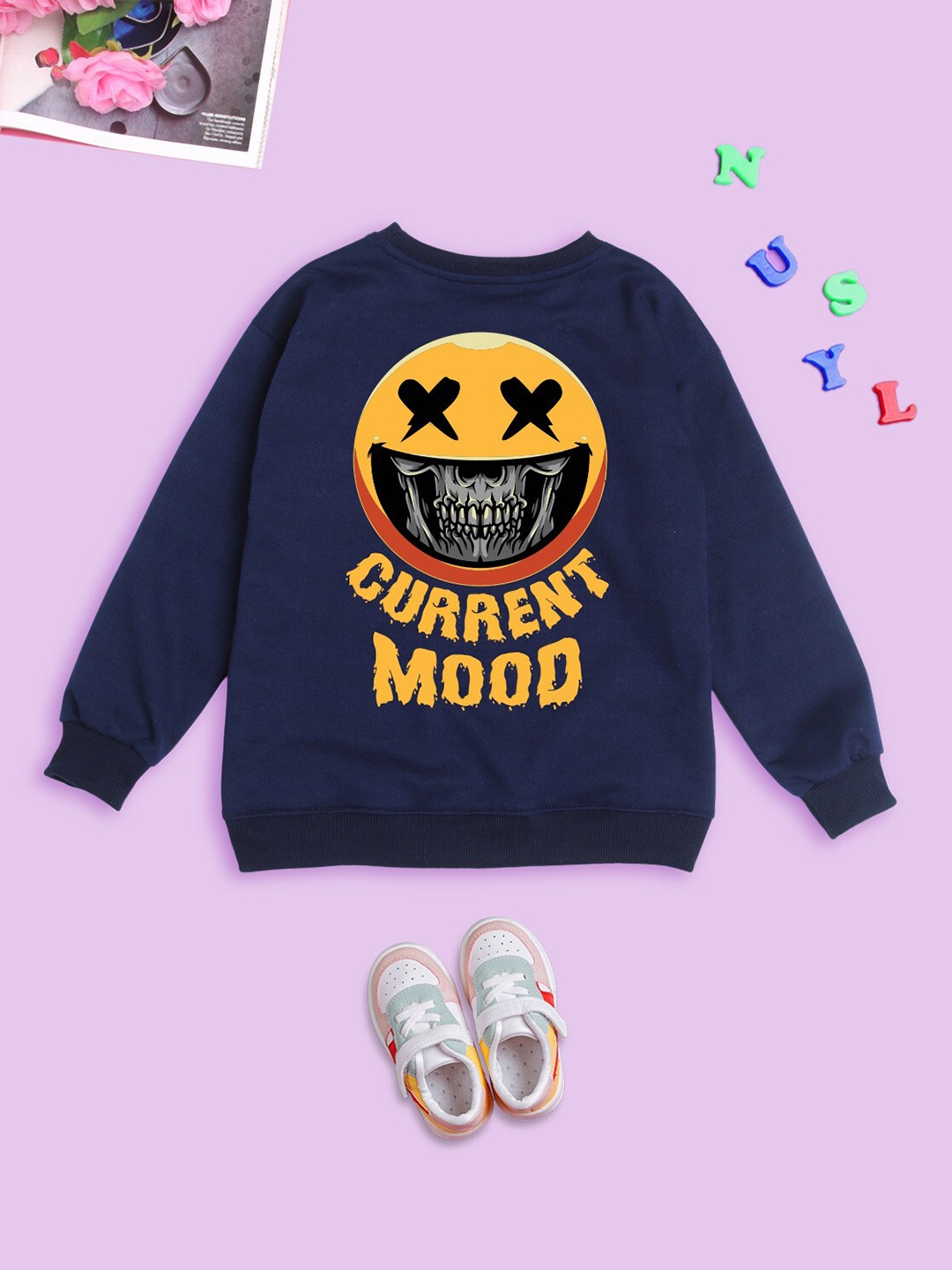 

NUSYL Kids Typography Printed Round Neck Oversized Fleece Sweatshirt, Blue