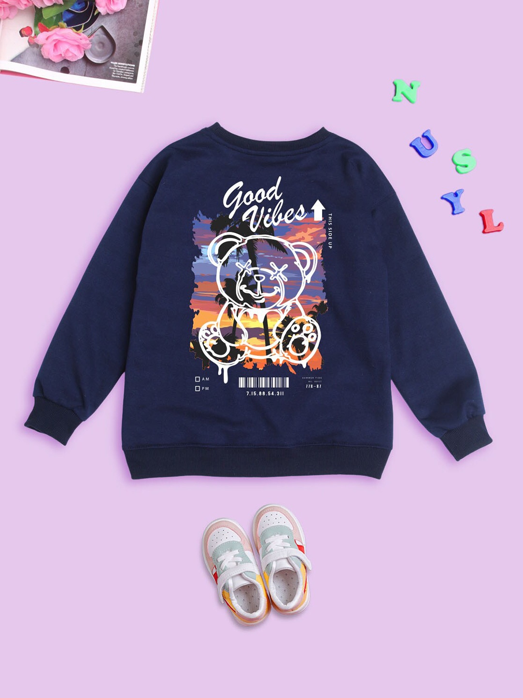 

NUSYL Kids Graphic Printed Fleece Pullover Oversized Sweatshirt, Blue