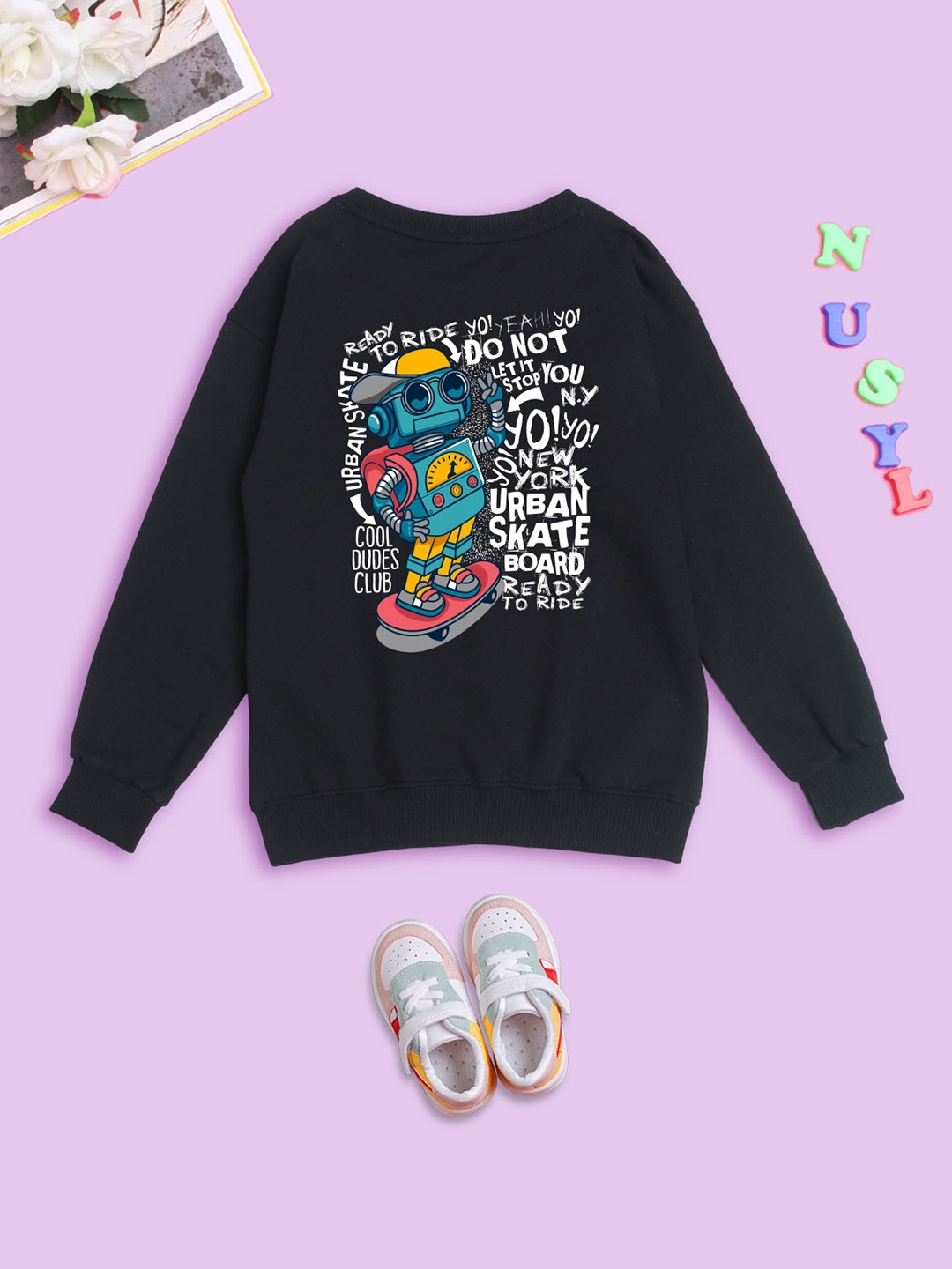 

NUSYL Kids Graphic Printed Round Neck Oversized Fleece Sweatshirt, Black