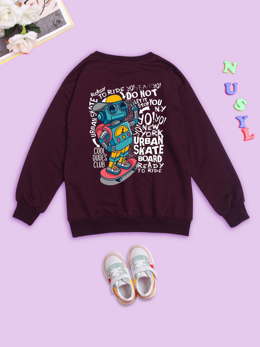 

NUSYL Kids Graphic Printed Oversized Sweatshirt, Maroon