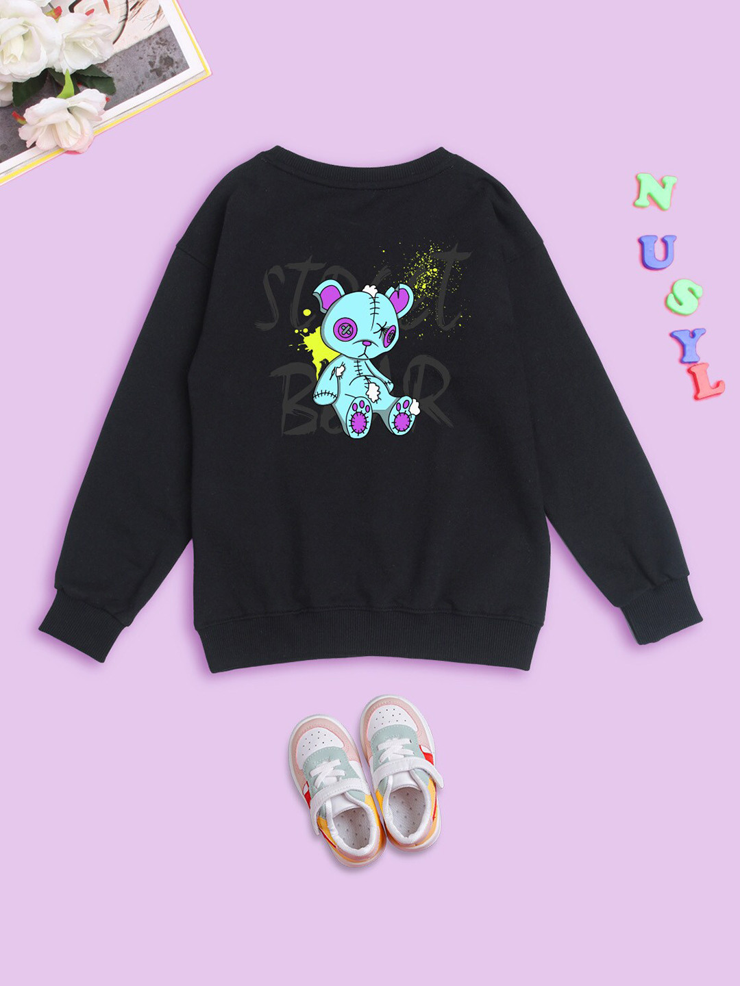 

NUSYL Kids Graphic Printed Fleece Pullover Oversized Sweatshirt, Black