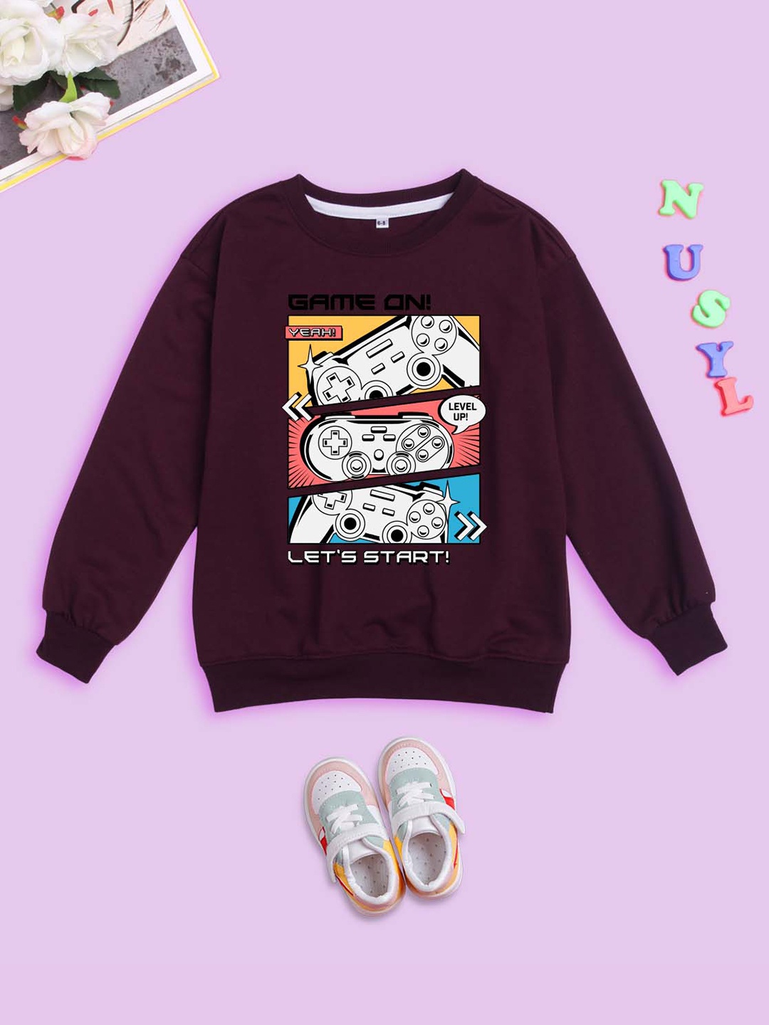 

NUSYL Kids Graphic Printed Oversized Fleece Sweatshirt, Maroon